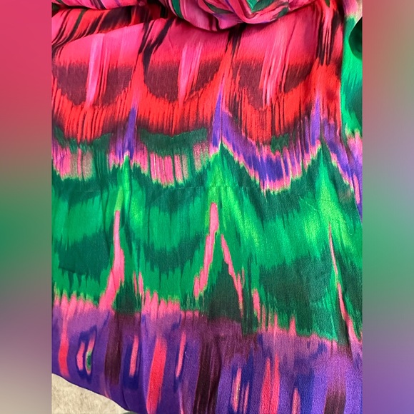TRINA TURK Ruffle Dress Braided Neckline Colorful Eclectic Printed Jewel Tones - Picture 10 of 11
